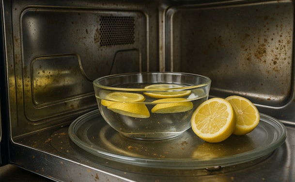 Schaal met water en citroen in een vieze oven voor stoomreiniging met citroen