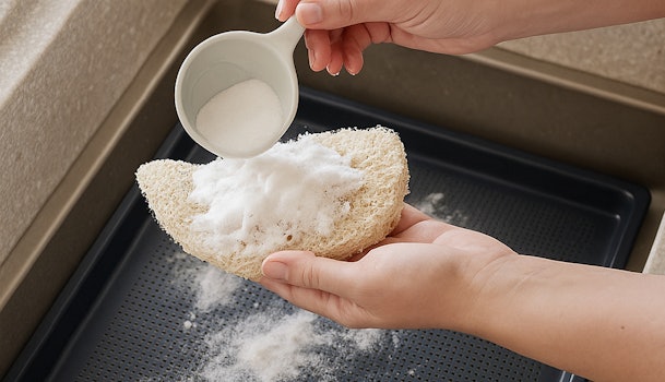 Kristalsoda wordt op een nat sponsje gegoten om roosters of bakplaten veilig te reinigen buiten de oven