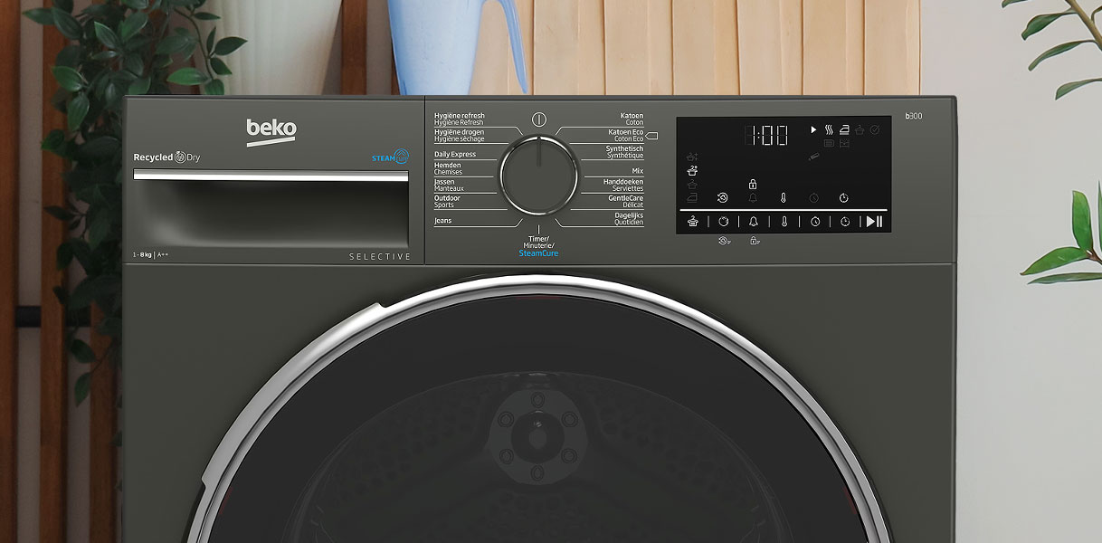 Beko Selective-lijn droger in lichte wasruimte met SteamCure en GentleCare programma's voor 8 kg