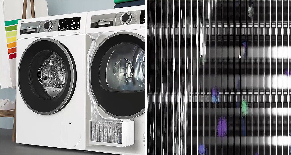 Bosch wasmachine en droger naast close-up van de zelfreinigende condensor lamellen