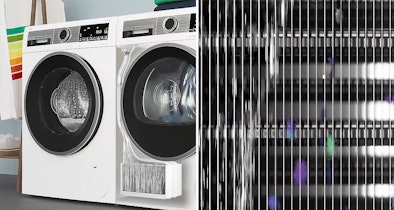 Bosch wasmachine en droger naast close-up van de zelfreinigende condensor lamellen