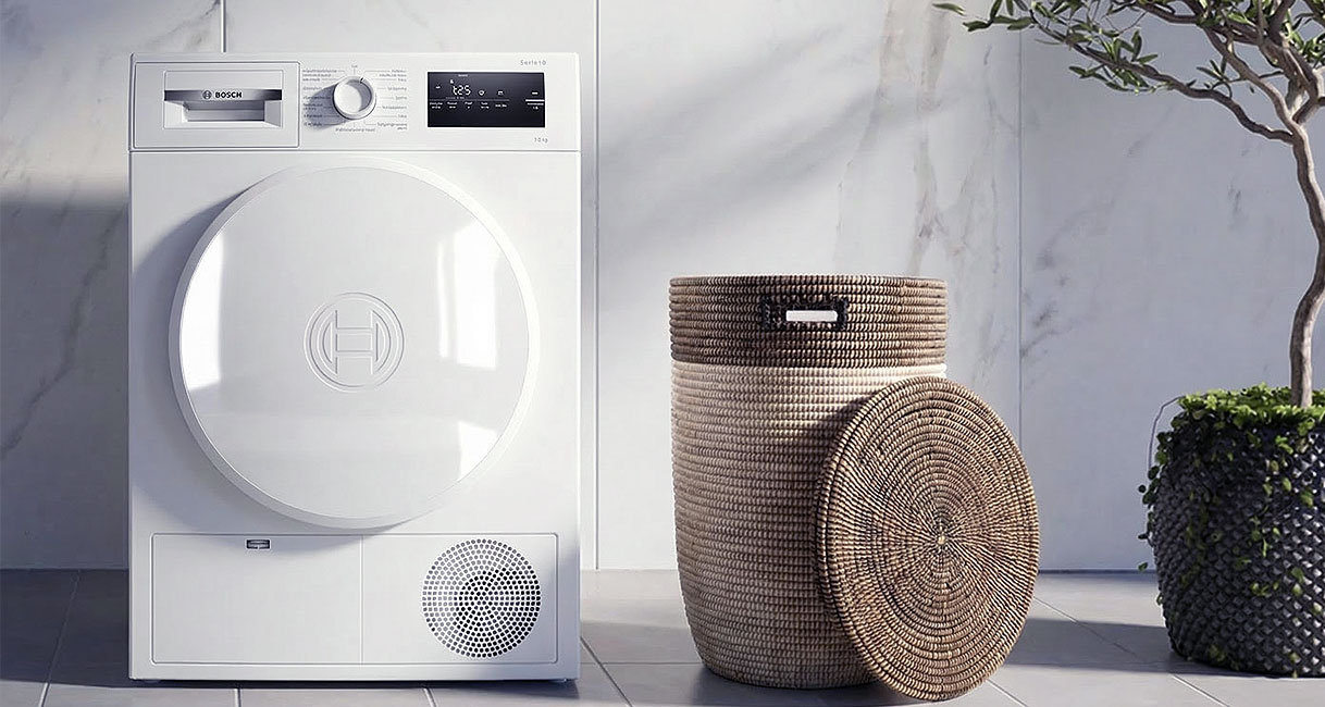 Bosch warmtepompdroger Serie 4 in een moderne wasruimte, betrouwbare instapper met AutoDry voor kleinere huishoudens