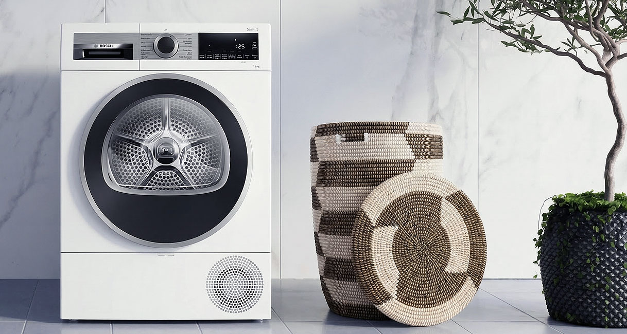 Bosch warmtepompdroger Serie 6 met grote trommel in moderne wasruimte met rieten manden, ideaal voor gezinnen