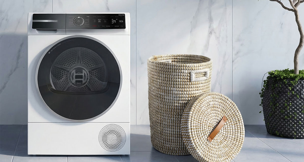 Bosch warmtepompdroger Serie 8 met energielabel A in moderne wasruimte met rieten manden, premium keuze voor grote gezinnen