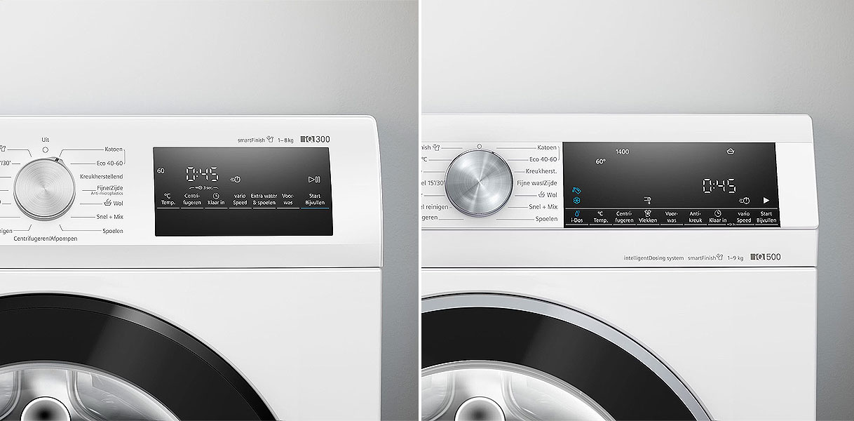 Twee Siemens wasmachines van 8 en 9 kg naast elkaar ter vergelijking