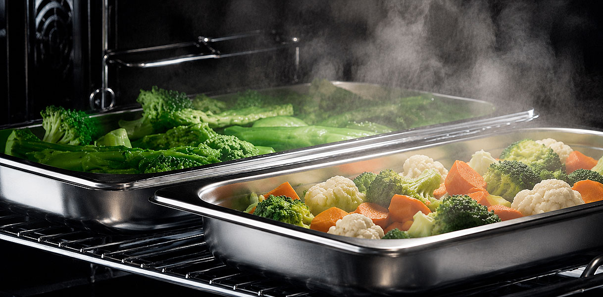 Broccoli, bloemkool en wortel garen in stoom met fullSteam in de Siemens combi-stoomoven