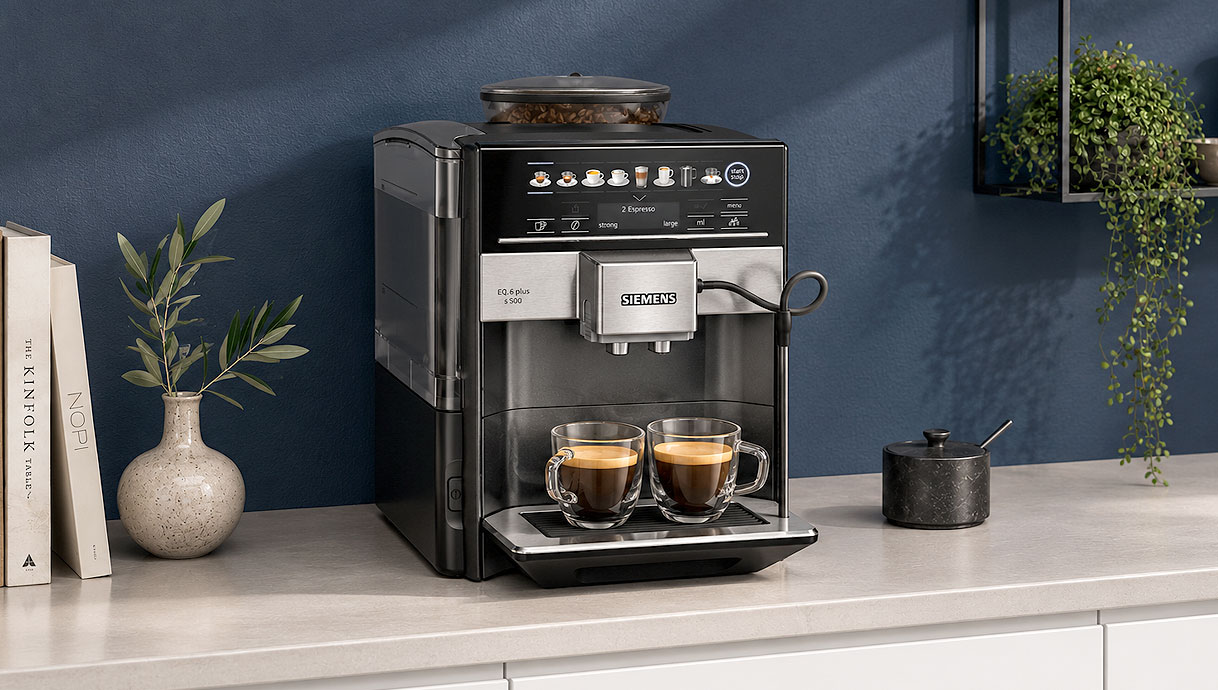 Siemens EQ.6 plus koffiemachine die twee espresso's zet met invoer voor bonen en gemalen koffie