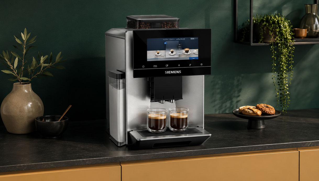 Siemens EQ.900 koffiemachine met geïntegreerd melkreservoir en touchdisplay op een aanrecht