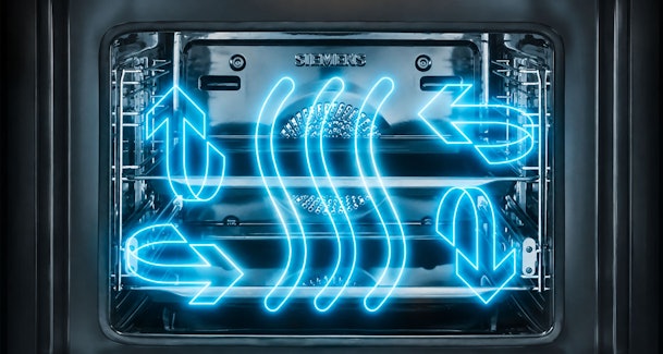 Luchtstromen verdelen de warmte over vier niveaus in de Siemens heteluchtoven met 4D hetelucht
