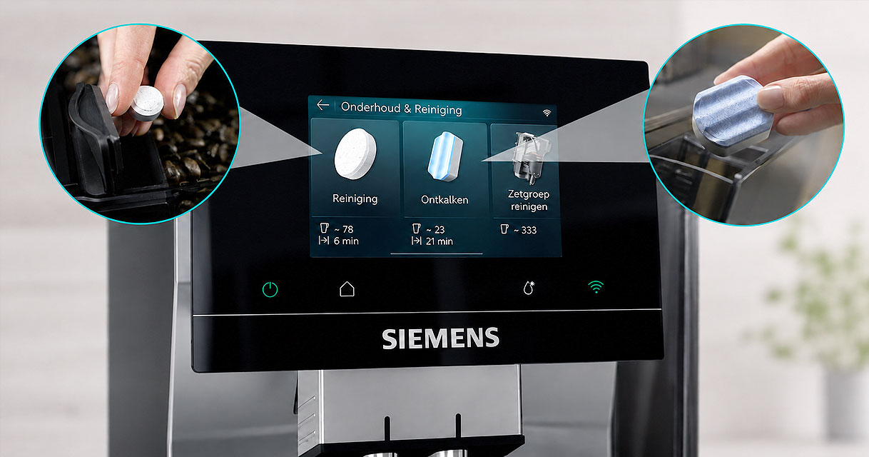 Siemens koffiemachine met onderhoudsmenu voor reiniging, ontkalking en zetgroep op het display