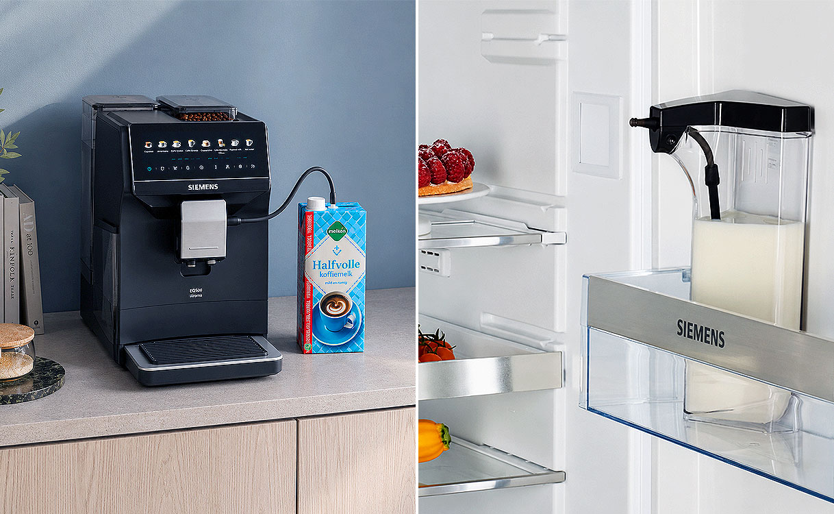 Siemens koffiemachine met melkpijpje in een pak melk naast een Siemens koffiemachine met geïntegreerd melkreservoir