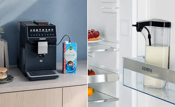 Siemens koffiemachine met melkpijpje in een pak melk naast een Siemens koffiemachine met geïntegreerd melkreservoir
