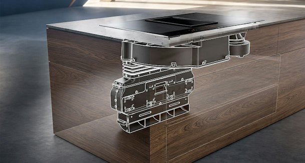 Siemens kookplaat met afzuiging in doorsnede die motor en luchtkanaal onder het werkblad toont