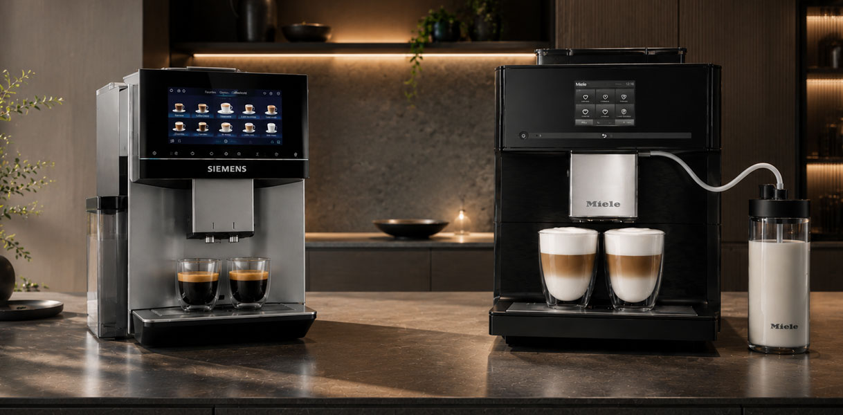 Siemens koffiemachine en Miele koffiemachine met bonen naast elkaar op een aanrecht