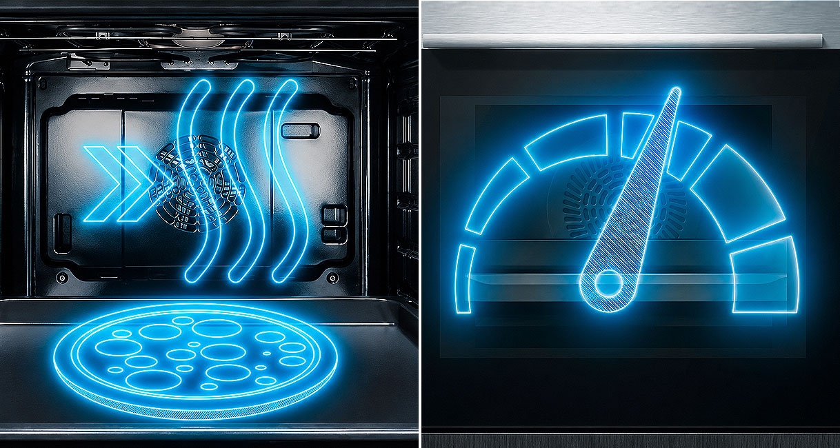 Illustratie van coolStart voor diepvriesgerechten en varioSpeed voor kortere bereidingstijd in de Siemens oven