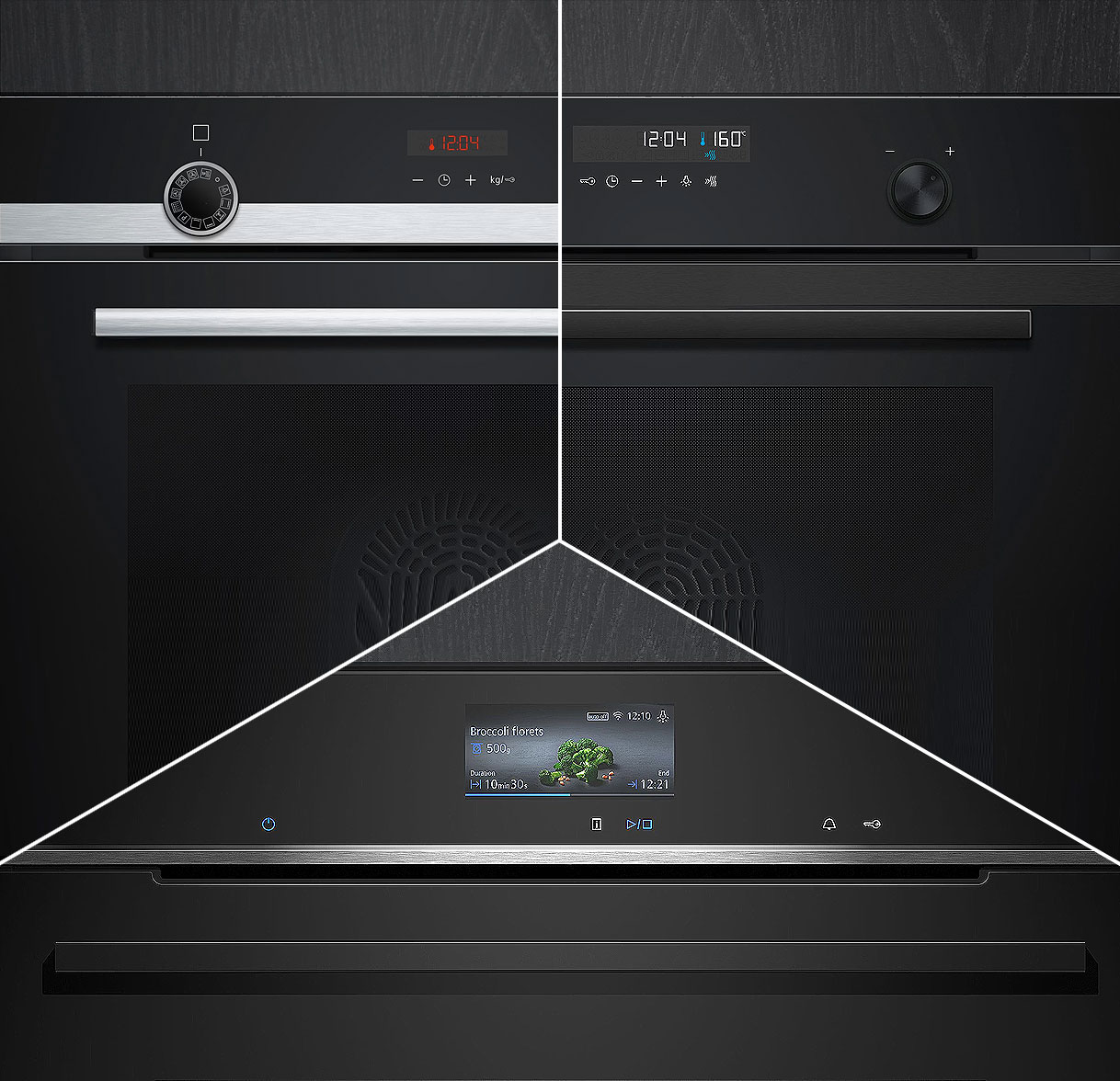 Drieluik met bedieningspanelen van Siemens ovens uit de iQ300, iQ500 en iQ700 klasse