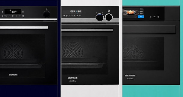 Drie Siemens stoomovens naast elkaar uit de iQ300, iQ500 en iQ700 serie
