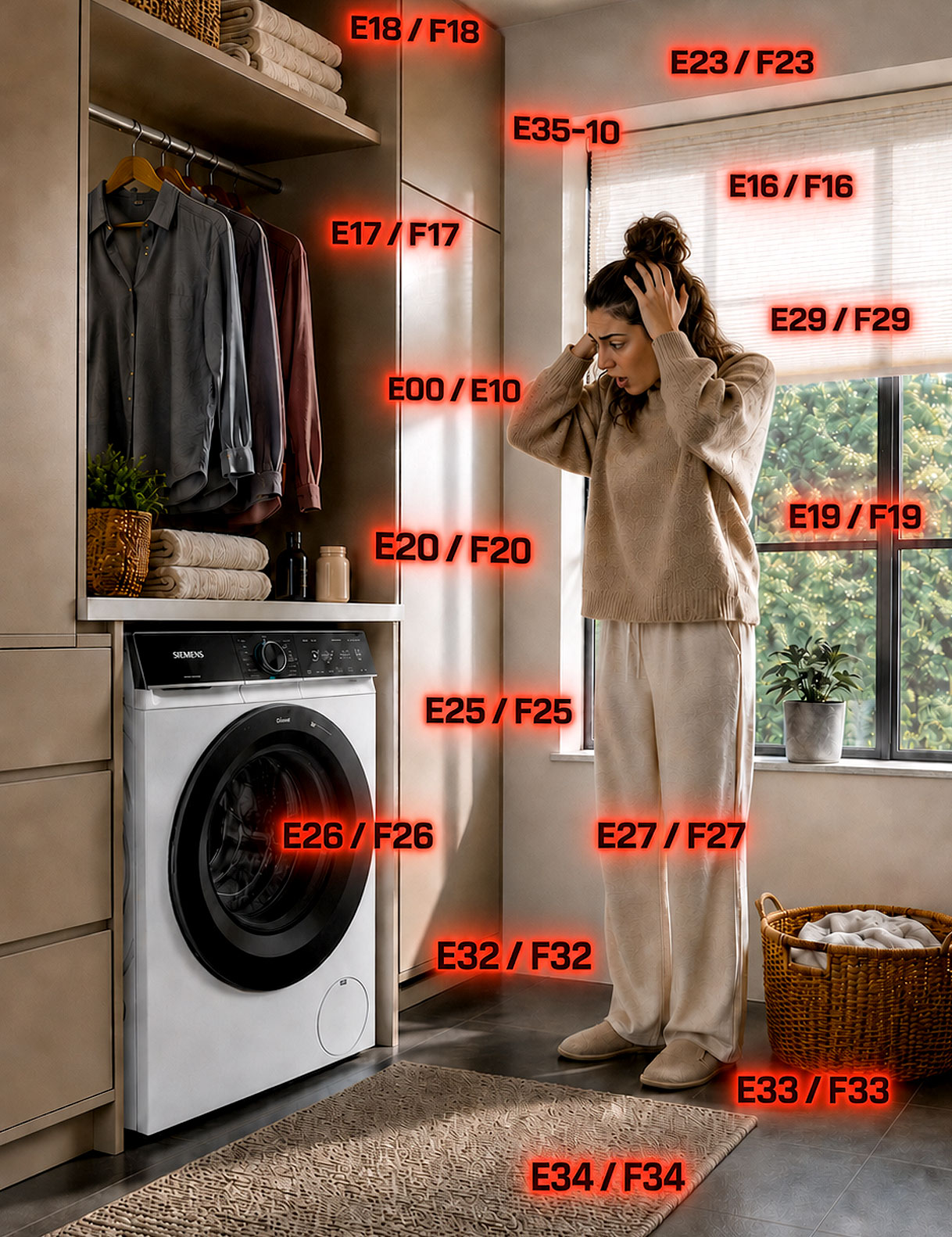 Vrouw kijkt gefrustreerd naar Siemens wasmachine omringd door foutcodes zoals E18 en E23