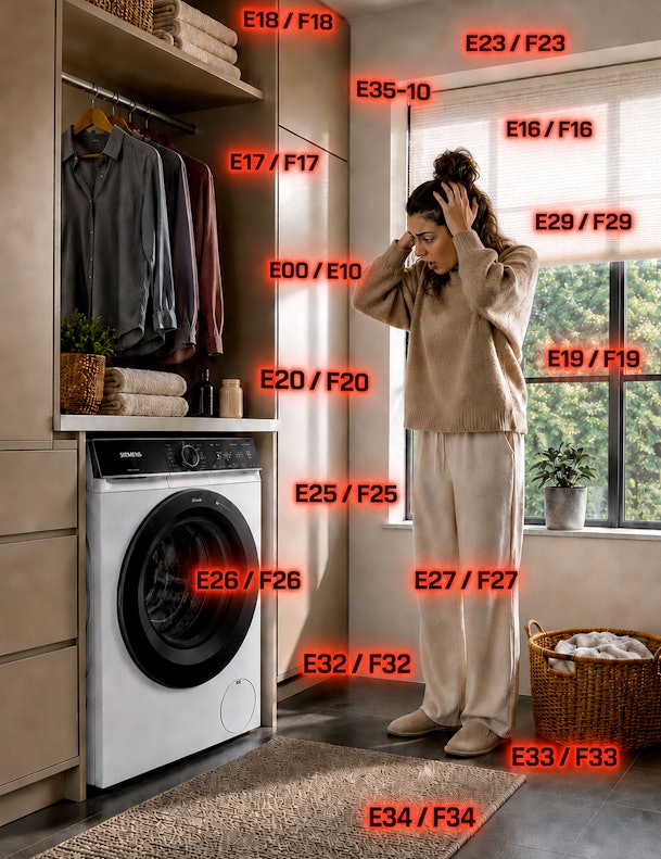 Vrouw kijkt gefrustreerd naar Siemens wasmachine omringd door foutcodes zoals E18 en E23