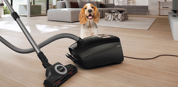 Traditionele slede stofzuiger met turboborstel op parketvloer naast Cocker Spaniel hond in moderne woonkamer