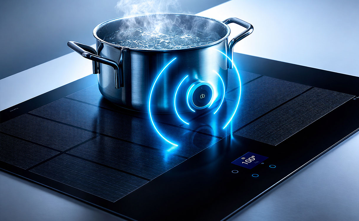 Siemens kookplaat met afzuiging en FryingSensor Pro die de temperatuur in een kokende pan meet op 100 graden