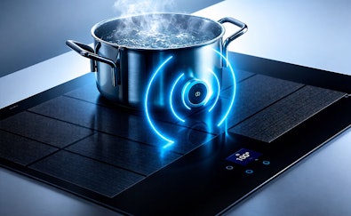 Siemens kookplaat met afzuiging en FryingSensor Pro die de temperatuur in een kokende pan meet op 100 graden