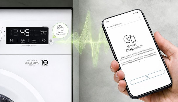 LG wasmachine bedieningspaneel met Smart Diagnosis knop en smartphone met ThinQ app die storing analyseert
