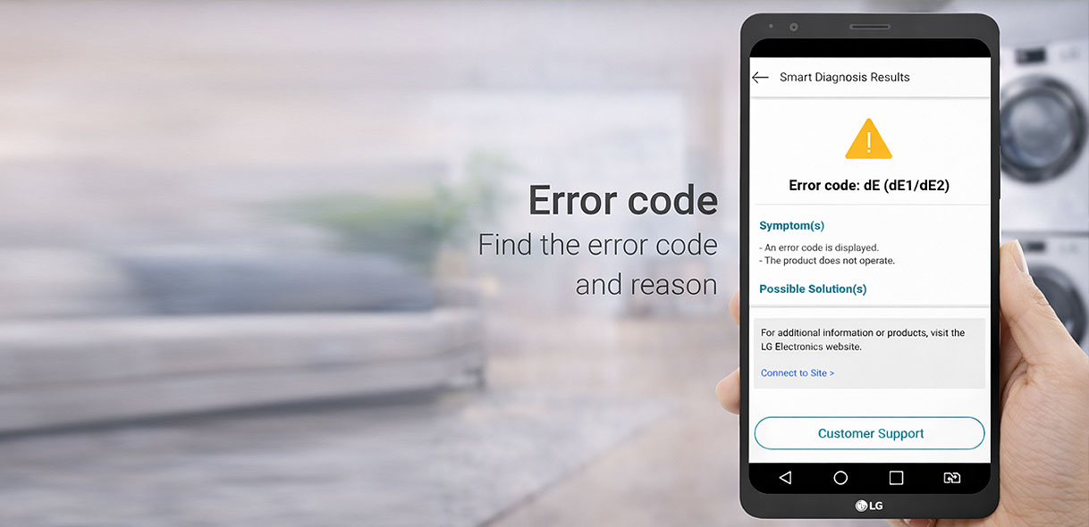 LG Smart Diagnosis resultaat op smartphone met foutcode en mogelijke oplossingen voor een LG droger