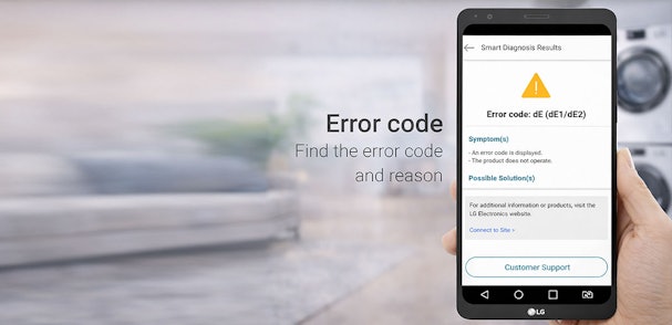 LG Smart Diagnosis resultaat op smartphone met foutcode en mogelijke oplossingen voor een LG droger