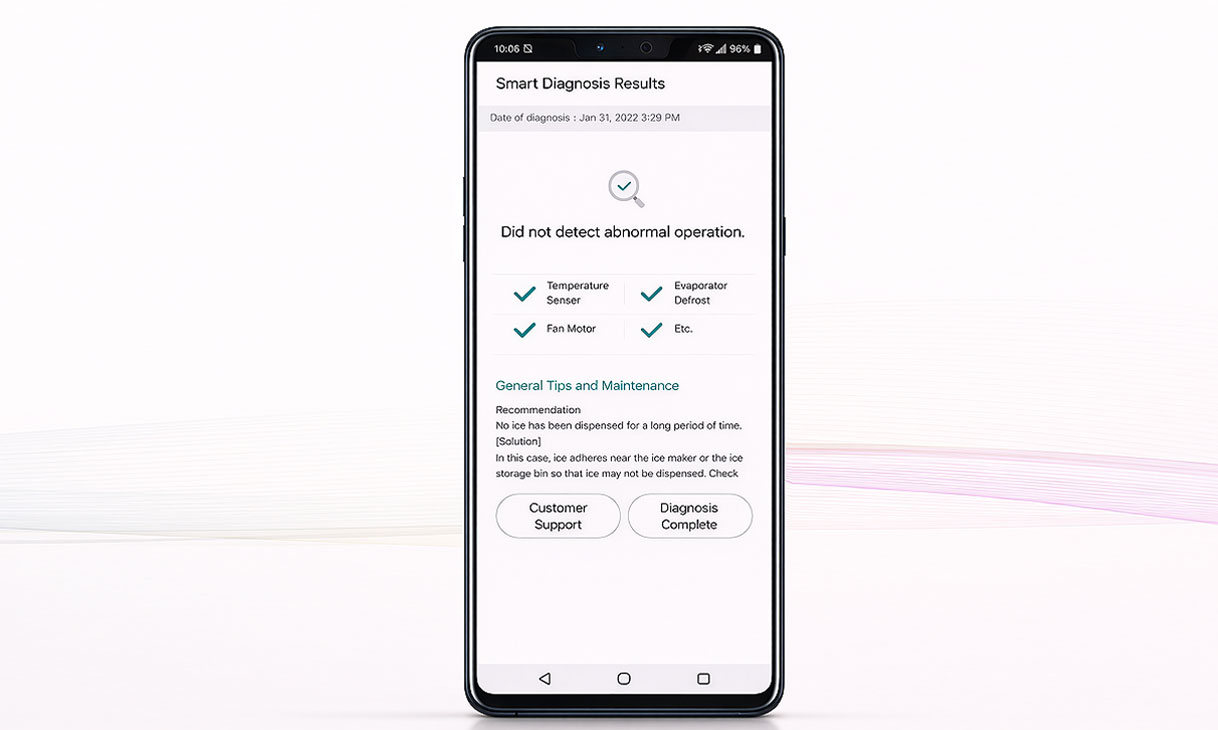 LG Smart Diagnosis resultaten op smartphone met controle van temperatuursensor, ventilator en ontdooiing