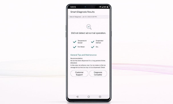 LG Smart Diagnosis resultaten op smartphone met controle van temperatuursensor, ventilator en ontdooiing