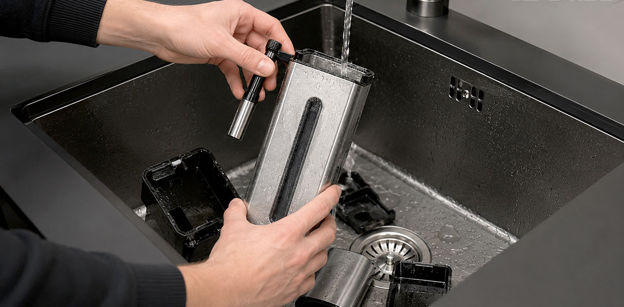 Melkkan en koffiedikbakje van een SMEG inbouw koffiezetapparaat worden afgespoeld onder de kraan