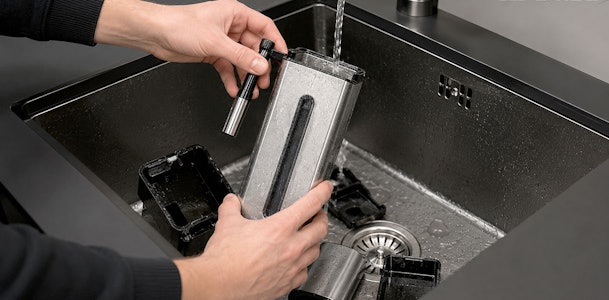Melkkan en koffiedikbakje van een SMEG inbouw koffiezetapparaat worden afgespoeld onder de kraan