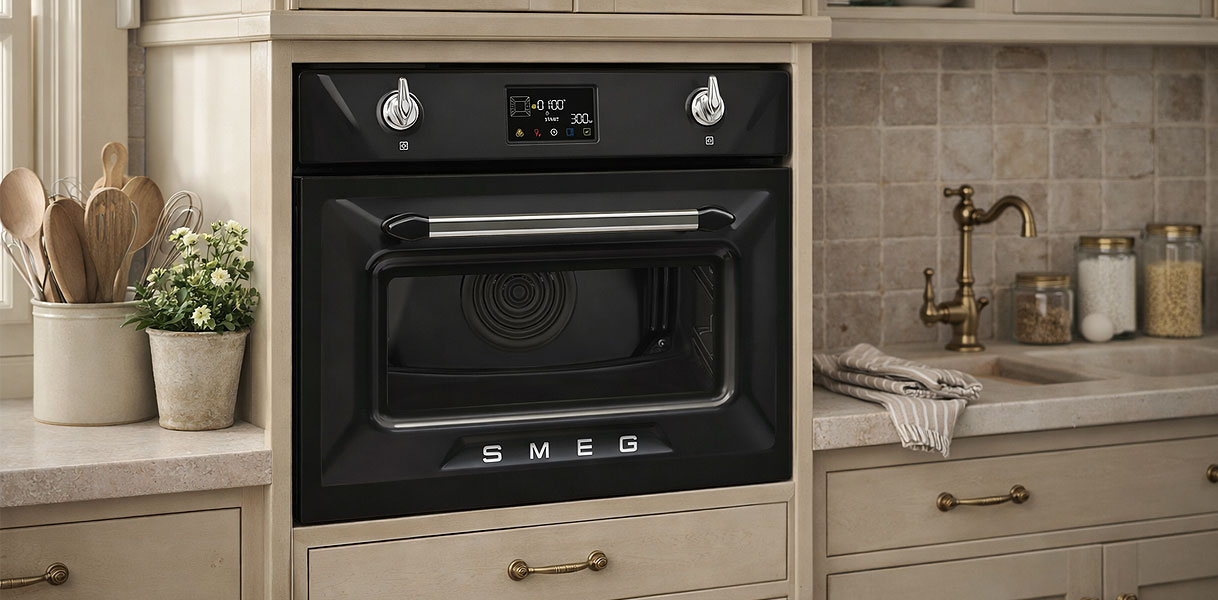 Smeg zwarte inbouw magnetron met retro design en gouden accenten in landelijke beige keuken