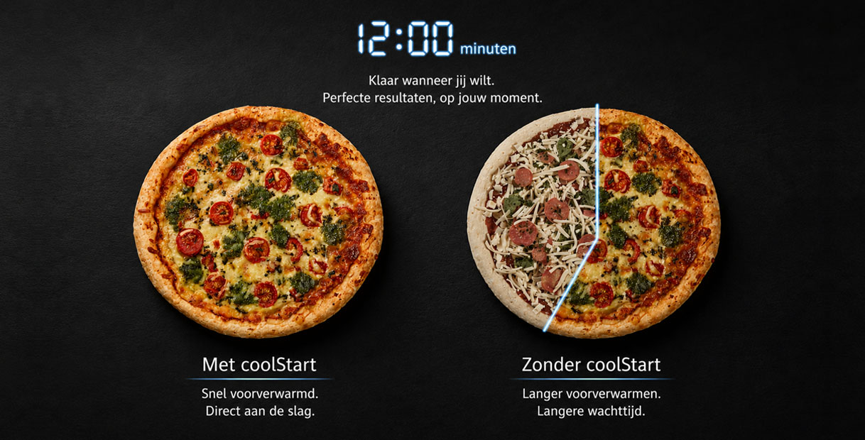 Vergelijking van een gare pizza met coolStart en een halfgare pizza zonder coolStart
