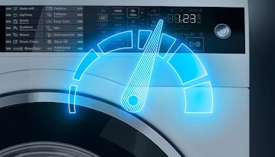 Illustratie van Siemens varioSpeed op een wasmachine, waarmee een wasprogramma tot 65% sneller wordt uitgevoerd zonder in te leveren op wasresultaat.