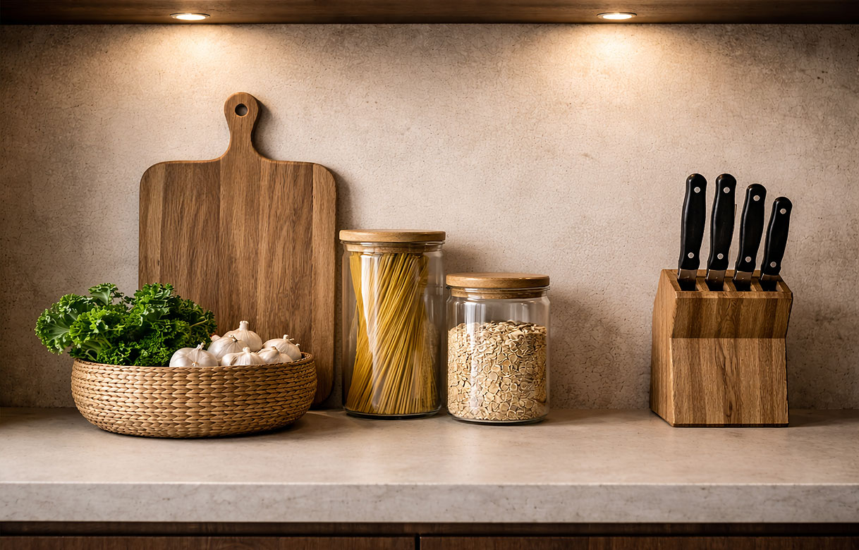 Japandi keuken met houten snijplank, glazen voorraadpotten, rieten mand en houten messenblok op aanrecht
