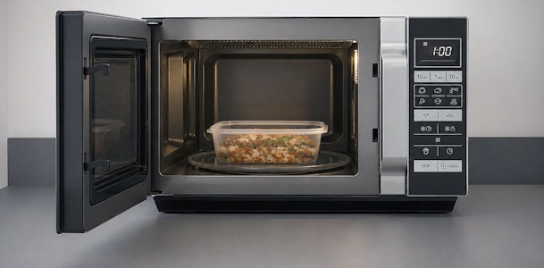 Vershoudbakje in een geopende solo magnetron toont hoeveel liter binnenruimte je nodig hebt