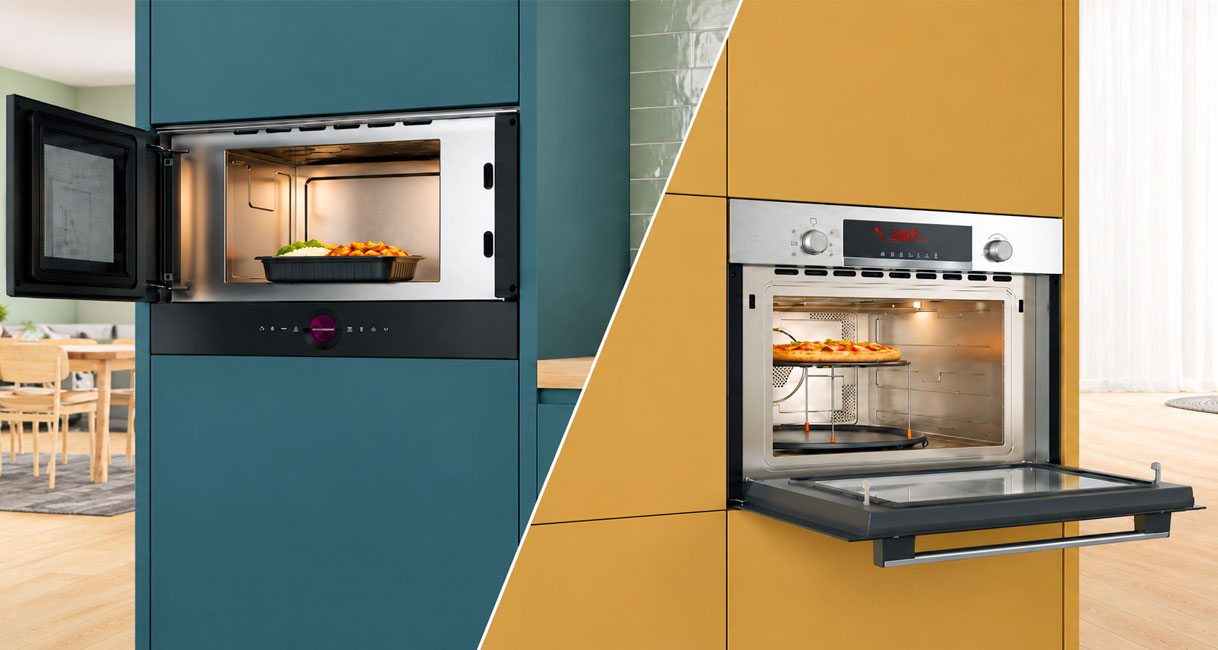 Solo magnetron met opwarmschaal naast een combi magnetron met pizza op het rooster