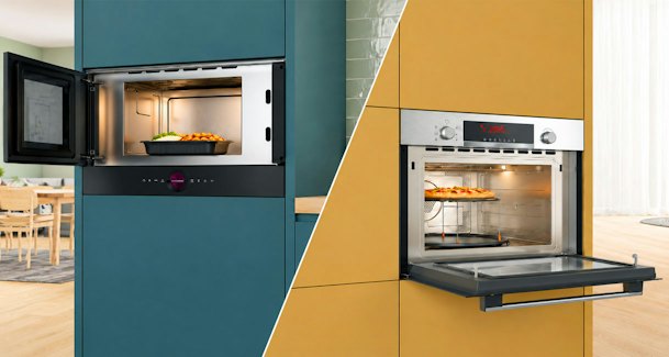 Solo magnetron met opwarmschaal naast een combi magnetron met pizza op het rooster