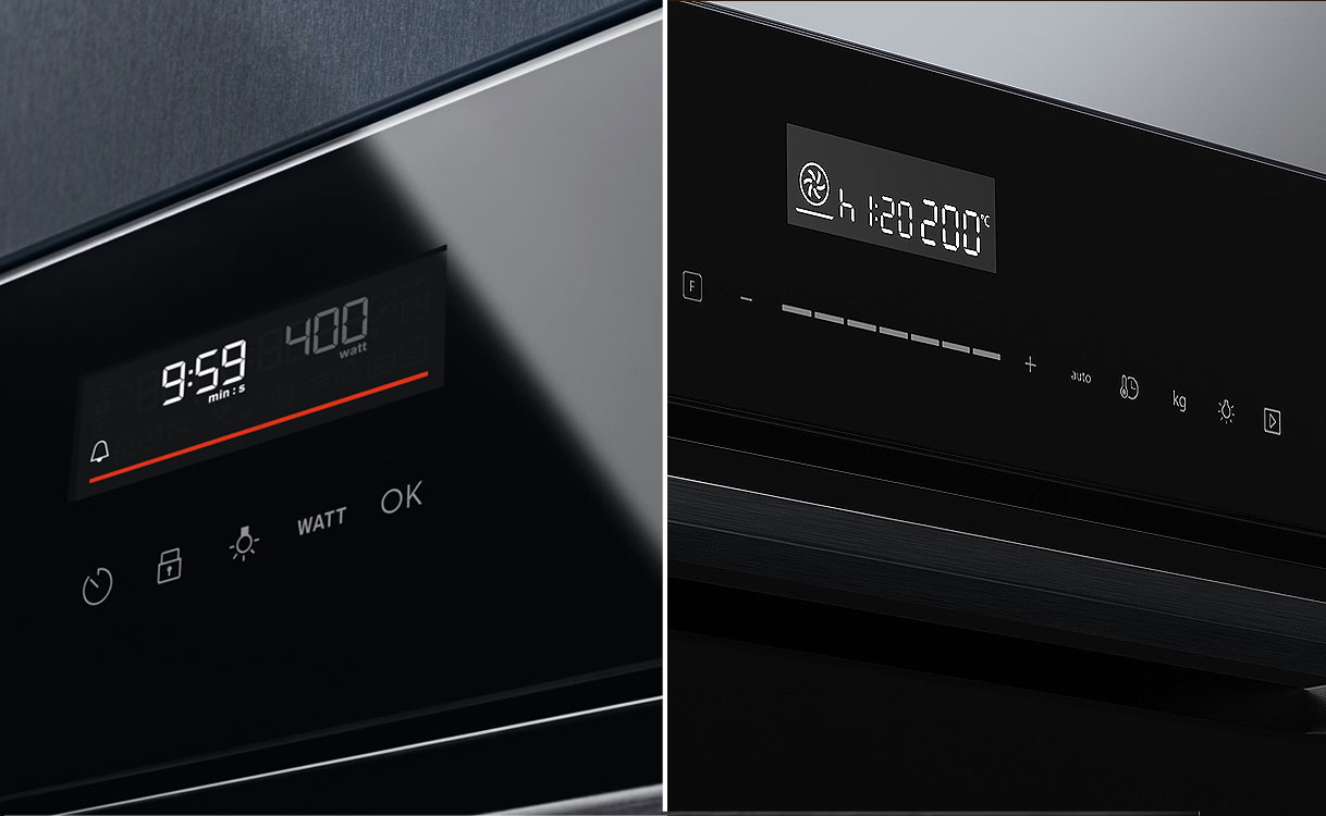 Vergelijking bedieningspaneel solo magnetron met weinig symbolen en combi magnetron met meer functies naast elkaar