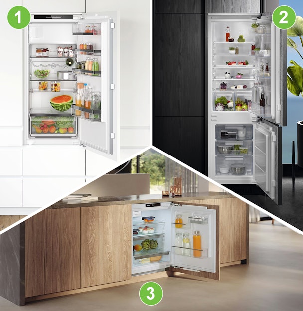 Overzicht van drie soorten inbouwkoelkasten: standaard koelkast, koel-vriescombinatie en onderbouw koelkast