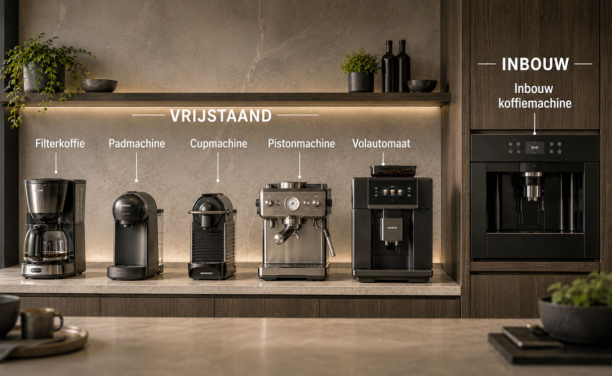 Vijf vrijstaande soorten koffiemachines op het aanrecht naast een inbouw koffiemachine in de kastenwand