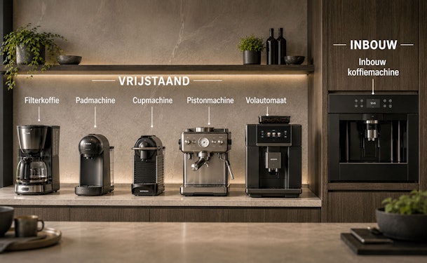 Vijf vrijstaande soorten koffiemachines op het aanrecht naast een inbouw koffiemachine in de kastenwand