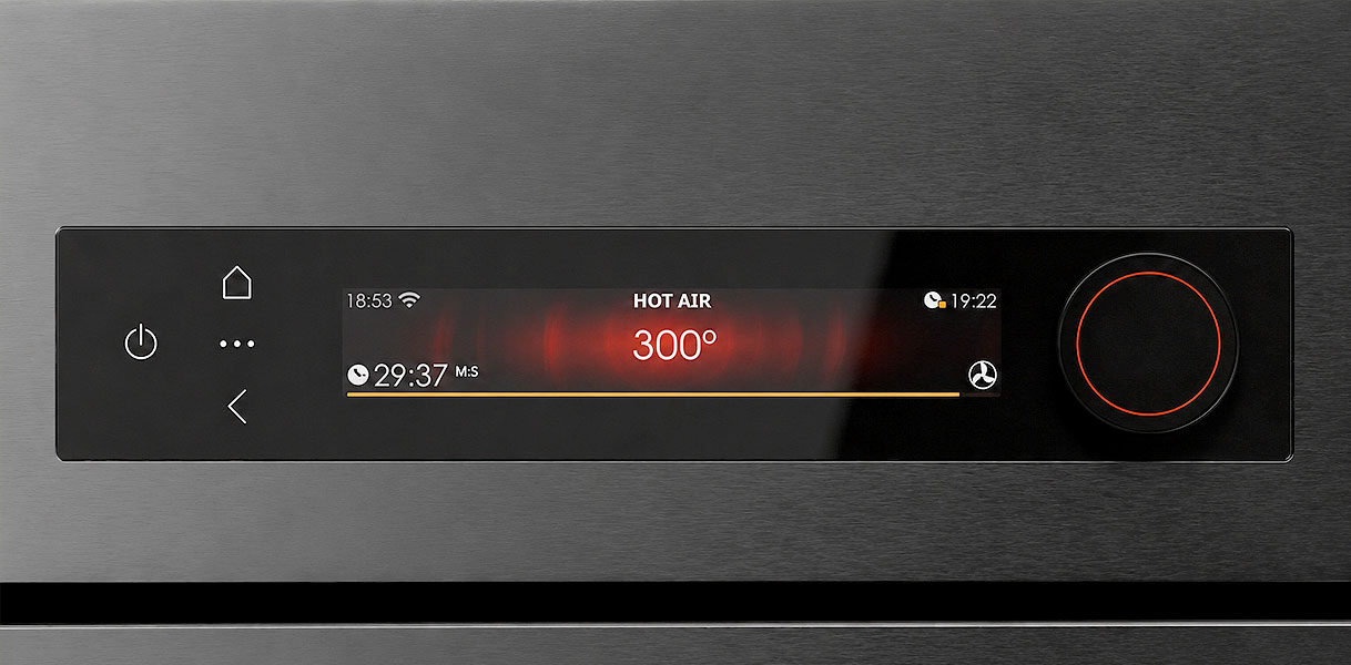 Ovendisplay met een ingestelde temperatuur van 300 graden en de resterende bereidingstijd