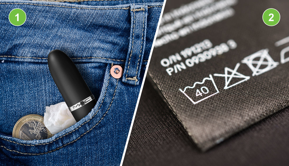 Was sorteren stap 1: broekzak met munt, tissue en lippenstift. Stap 2: waslabel met wassymbool 40 graden