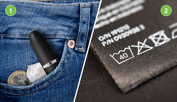 Was sorteren stap 1: broekzak met munt, tissue en lippenstift. Stap 2: waslabel met wassymbool 40 graden