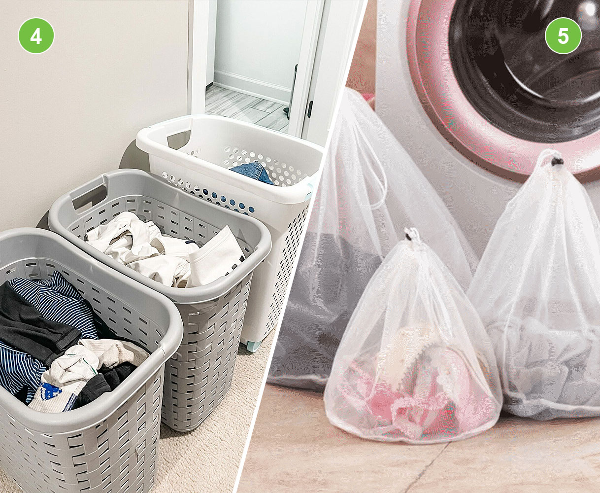 Stap 4: wasmanden met gesorteerde was op stofsoort. Stap 5: waszakjes voor delicate kleding bij de wasmachine