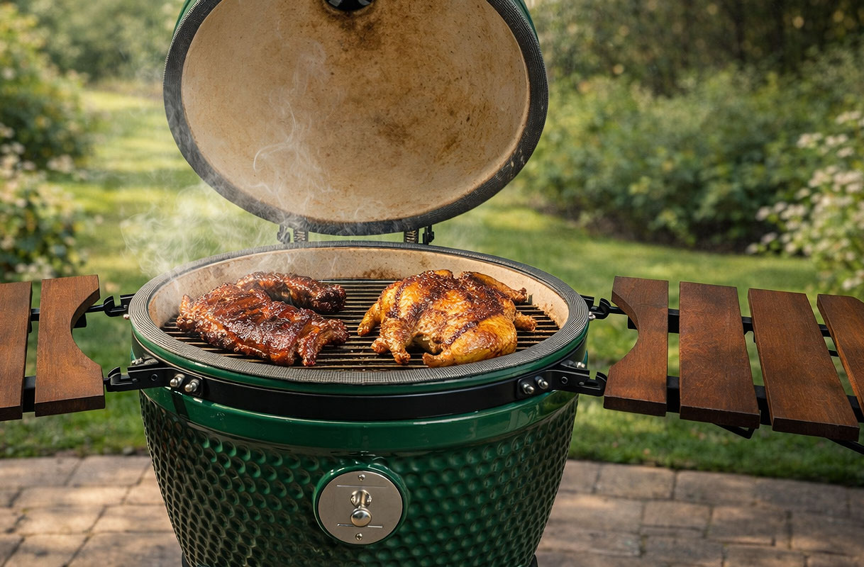 Big Bear Kamado XL barbecue open met gegrilde kip en spareribs, rook zichtbaar in tuin
