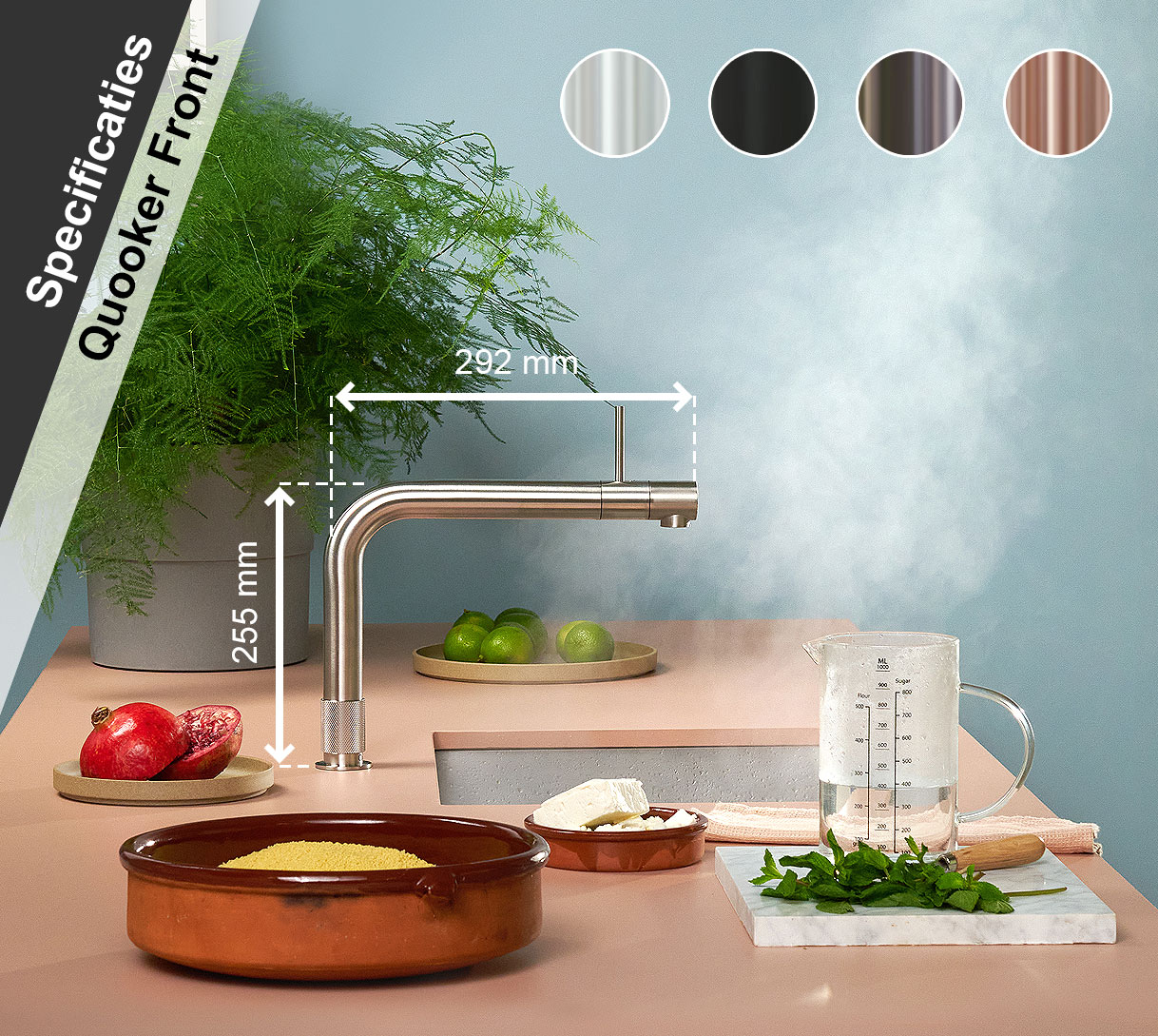 Quooker Front kraan in RVS met afmetingen: 255 mm hoogte en 292 mm uitloop. Rechtsboven de 4 beschikbare finishes: RVS, Zwart, Gunmetal en Rosé koper